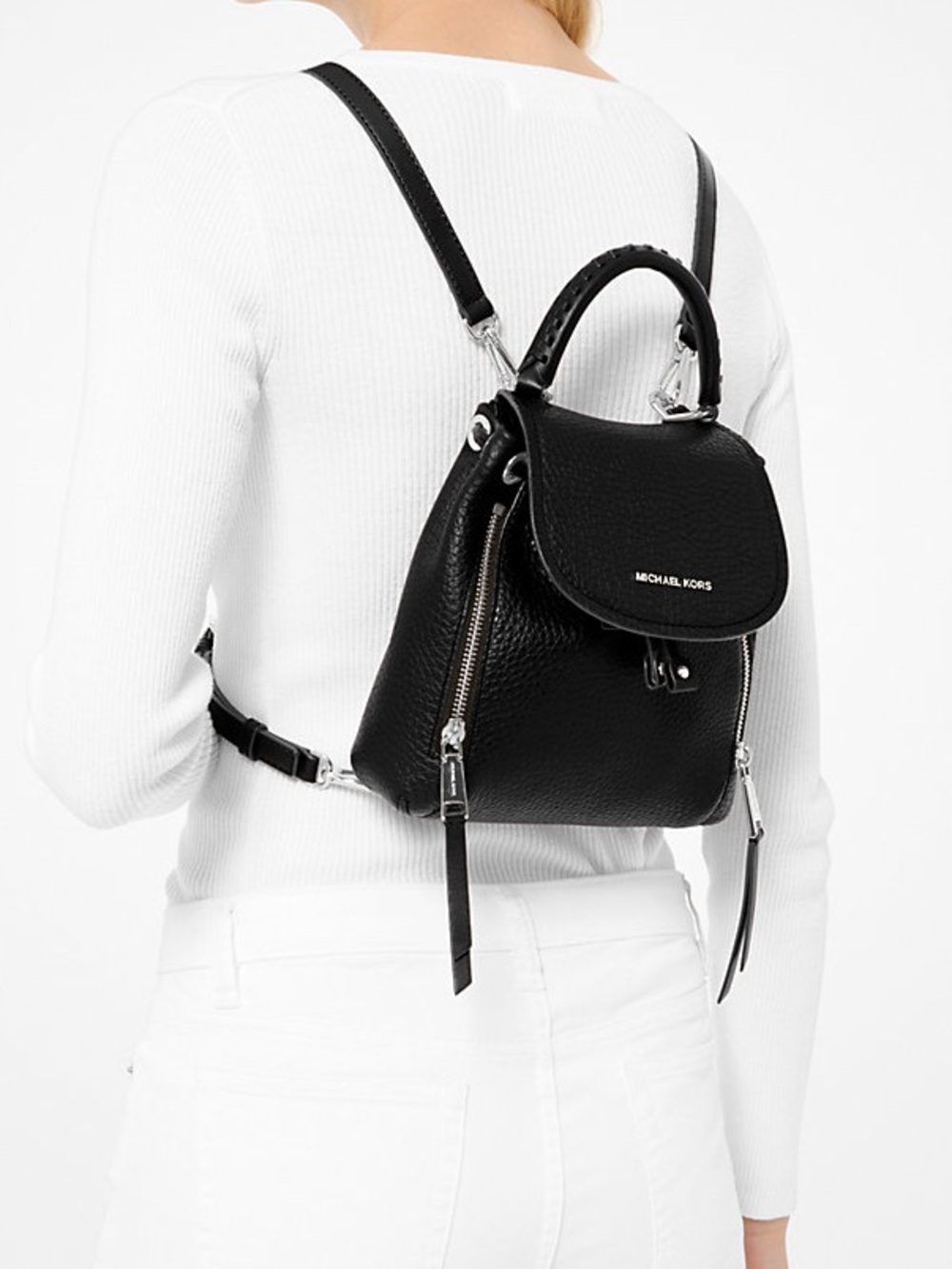 Michael Kors Viv Extra Small Pebbled Leather Backpack / Black w/ silver hardware
